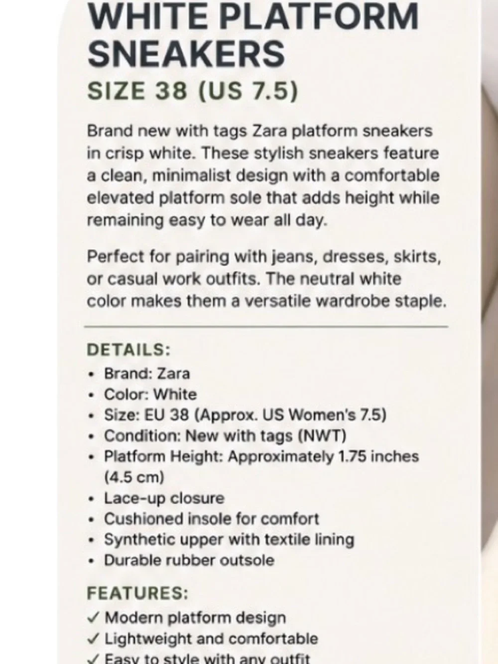 NEW. ZARA Women's White Platform Sneakers